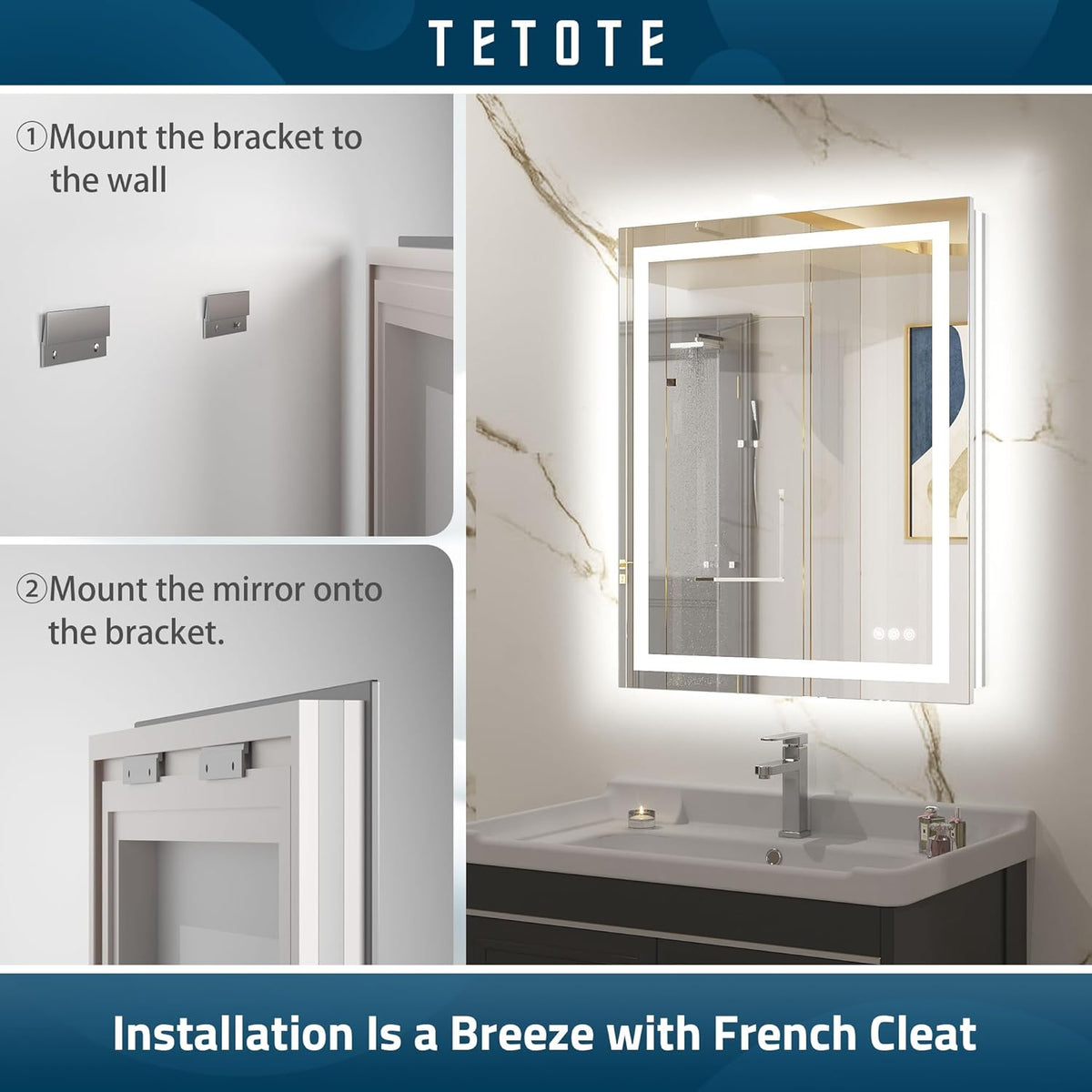 TETOTE LED Bathroom Mirror 20x28 Frontlit & Backlit Lighted Vanity Mirror Anti Fog Stepless Dimmable 3 Colors White/Warm/Natural,Double Lights,Wall-Mounted(Horizontal/Vertical) - PuriLite