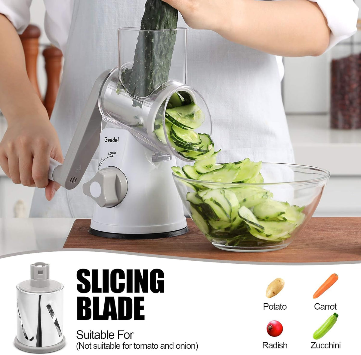 Geedel Kitchen Cheese Grater, Rotary Mandoline Vegetable Slicer with Interchangeable Blades, Easy to Use Rotary Grater Slicer for Fruit, Vegetables, Nuts - PuriLite