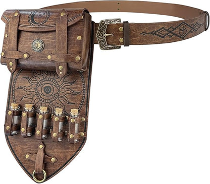 HiiFeuer 3PCs Medieval Alchemy Faux Leather Belt Bag Set with 5 Cork Potion Vials, Fantasy Embossed Wizard Halloween Belt(Brown A) - PuriLite
