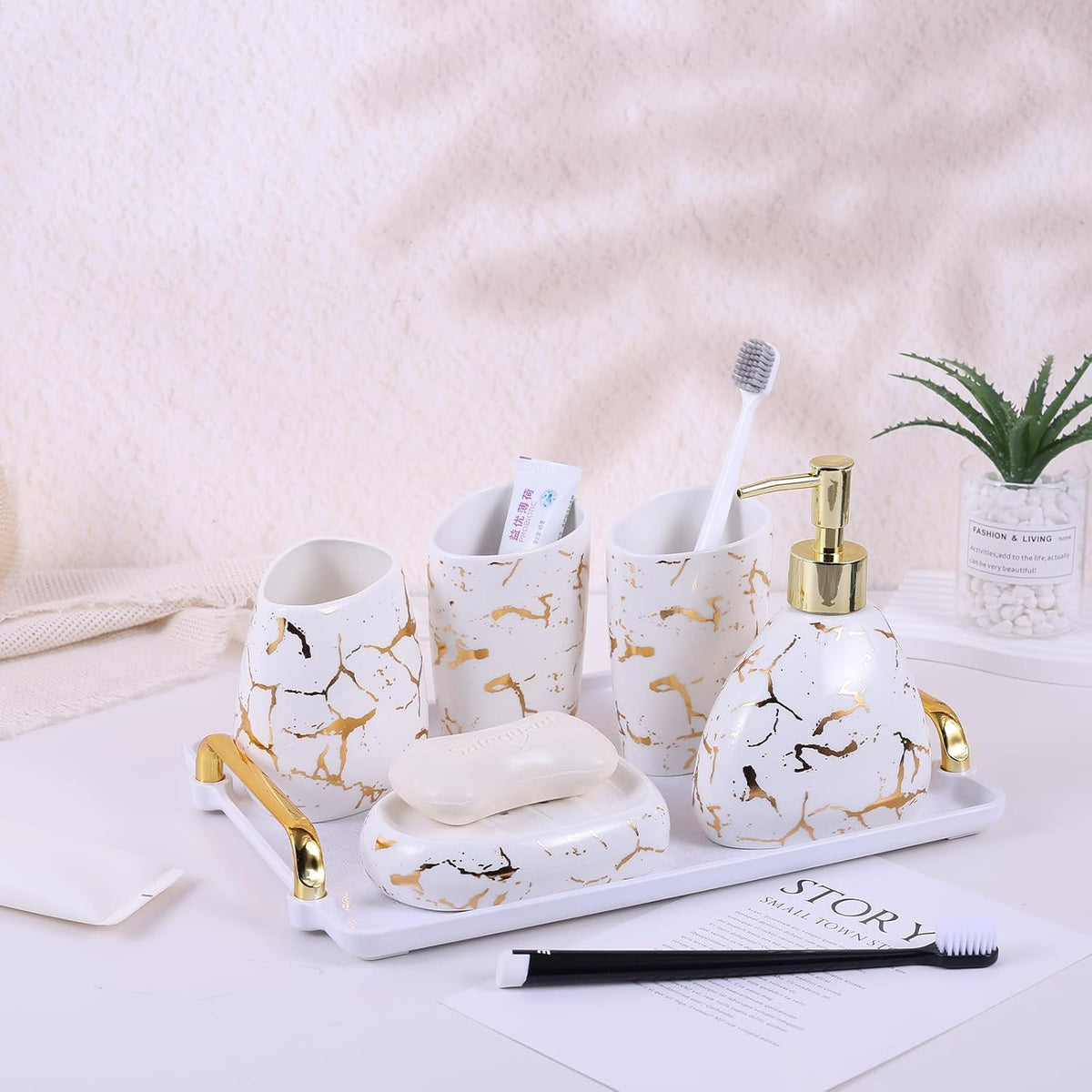 White Bathroom Accessories Set,Modern Countertop Bathroom Decor,Luxury 6 Piece Bathroom Accessory Set,Complete with Soap Dispenser,Toothbrush Holder,Tumbler,Tray - PuriLite