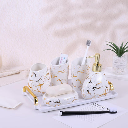 White Bathroom Accessories Set,Modern Countertop Bathroom Decor,Luxury 6 Piece Bathroom Accessory Set,Complete with Soap Dispenser,Toothbrush Holder,Tumbler,Tray - PuriLite
