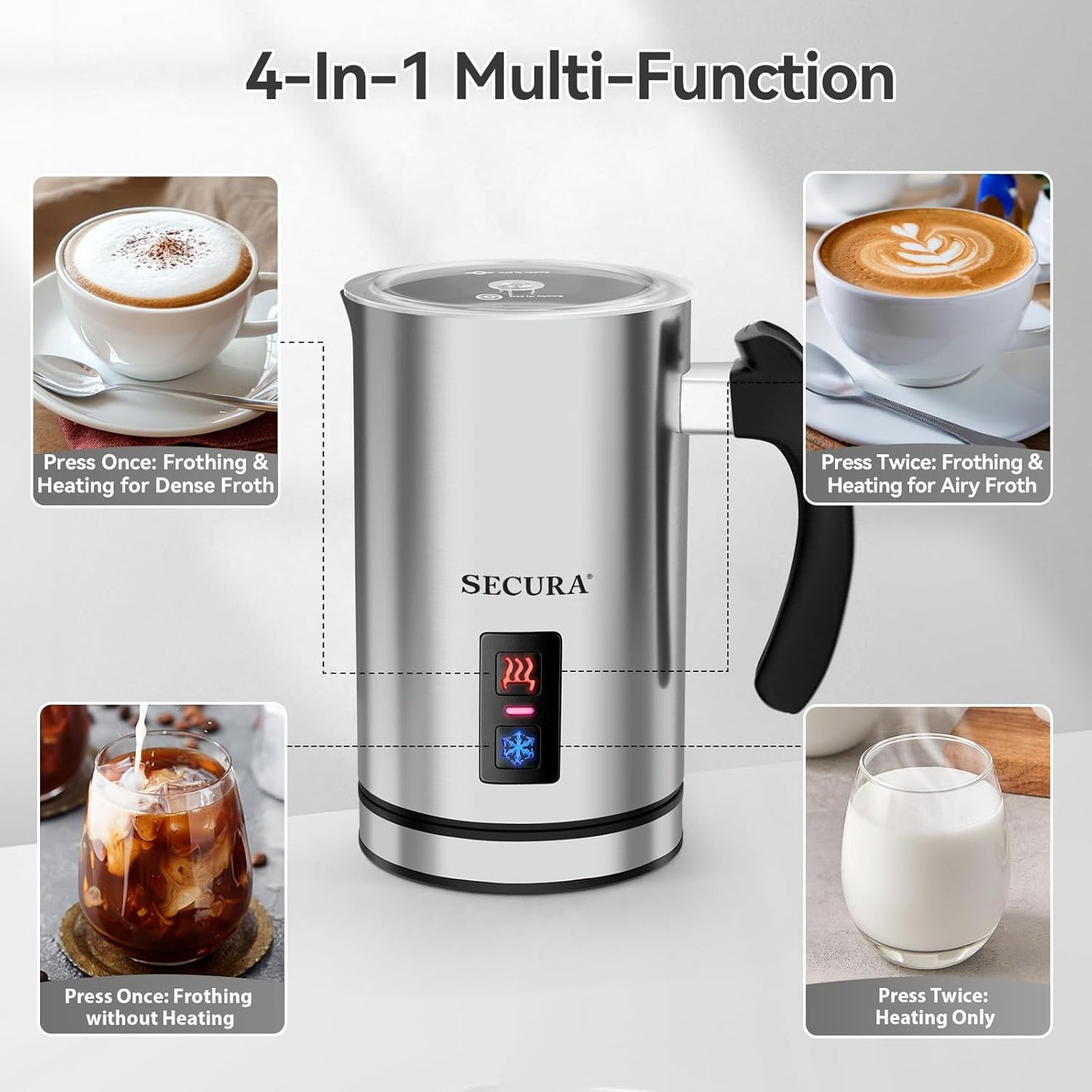 Secura Electric Milk Frother, Automatic Milk Steamer Warm or Cold Foam Maker for Coffee, Cappuccino, Latte, Stainless Steel Milk Warmer with Strix Temperature Controls (Black) - PuriLite