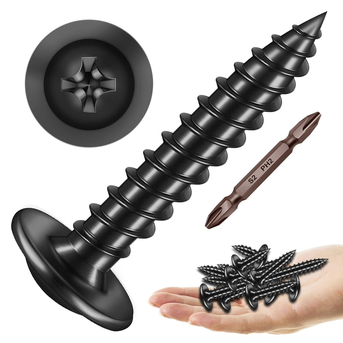 150Pcs #8 × 2" Black Screws for Wood, Phillips Truss Head Wood Screws, Quick Metal Self Tapping, Zinc Plated Steel, Truss Head Screws by Mywish - PuriLite