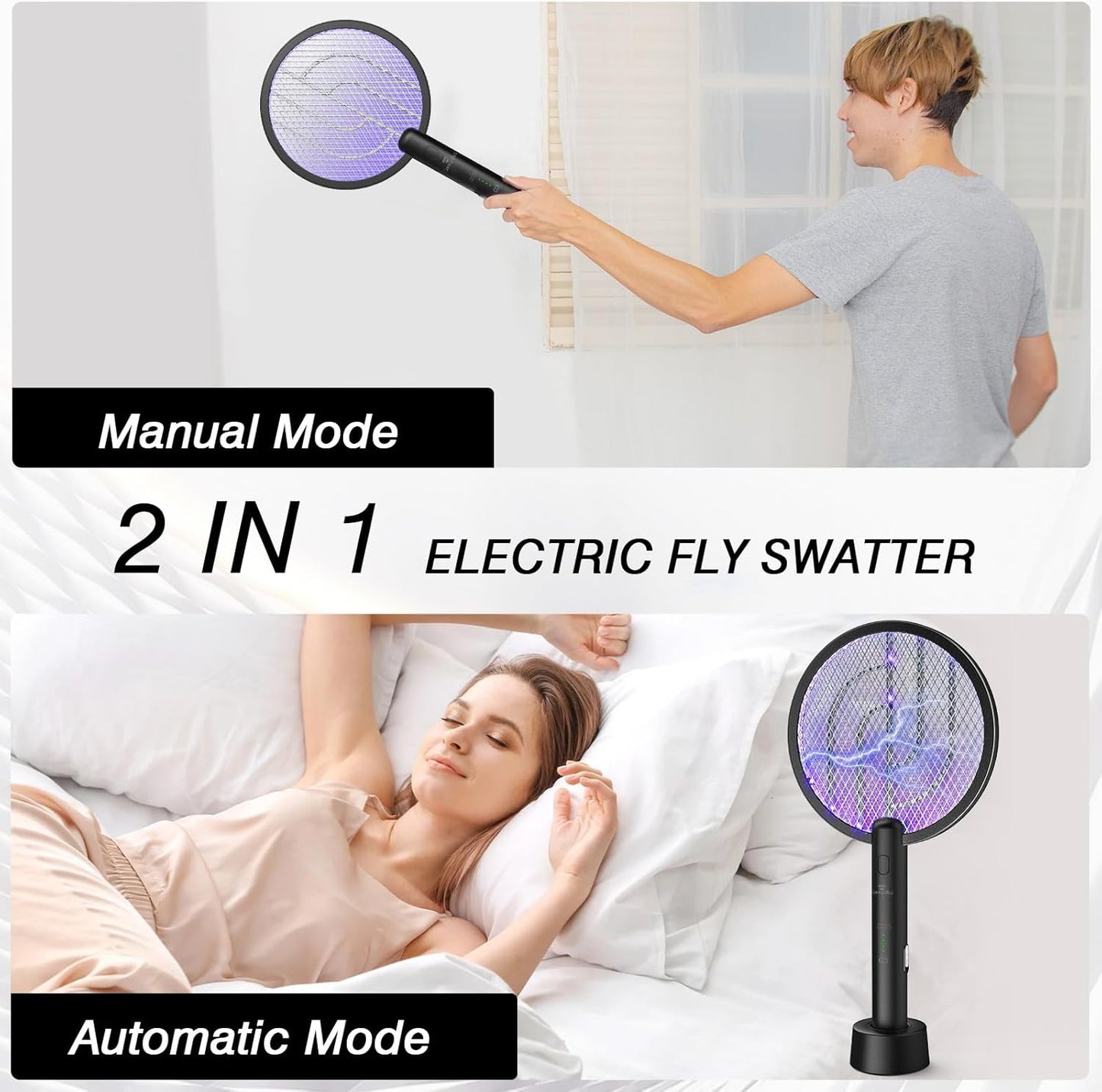 Gooqand Bug Zapper Racket, 2 in 1 Electric Fly Swatte with 3 Layer Safety Mesh, 4000V Fly Zapper with USB Rechargeable, Indoor Outdoor Fly Racket for Bedroom, Kitchen, Camping - PuriLite