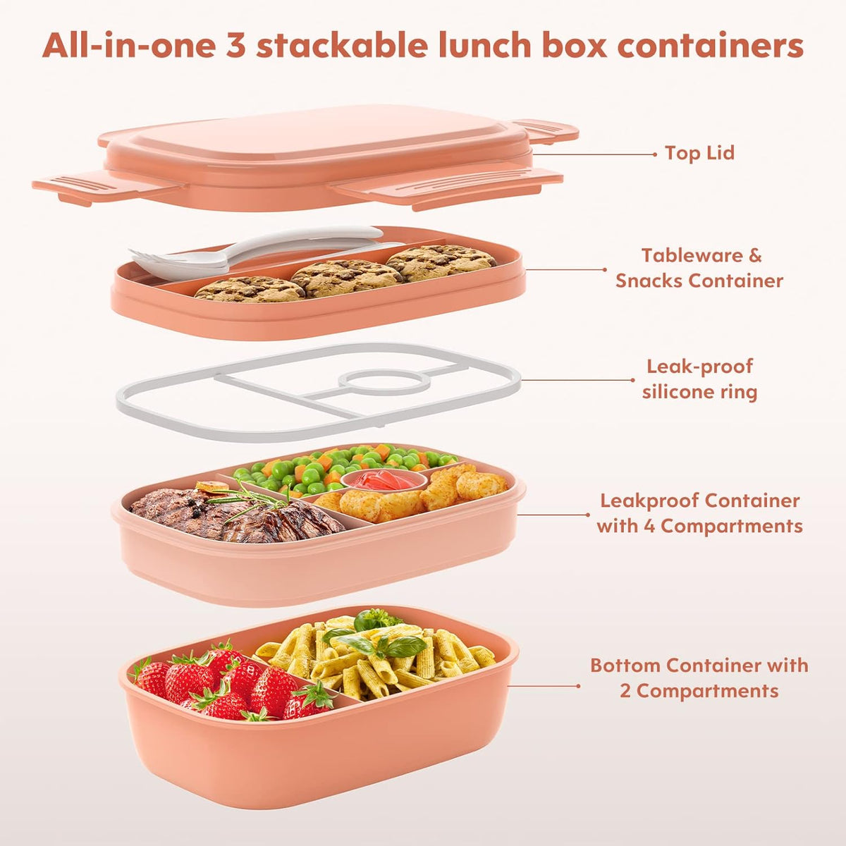 Bento Box Adult - 3 Layers Stackable Lunch Containers for Adults & Kids, 72oz Large Salad Containers for Lunch with Utensil Sauce Dressing Containers for Dining Out,Work,Pink - PuriLite