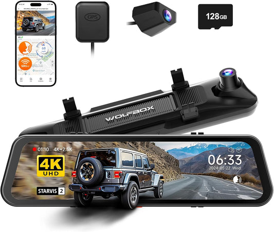WOLFBOX G900 PRO Mirror Dash Cam with STARVIS 2 IMX678, 12 inches Rear View Mirror Camera with Front 4K and Rear 2.5K, Included 128GB Card, Voice Control, 5.8GHz WiFi, Loop Recording, GPS & G-Sensor - PuriLite