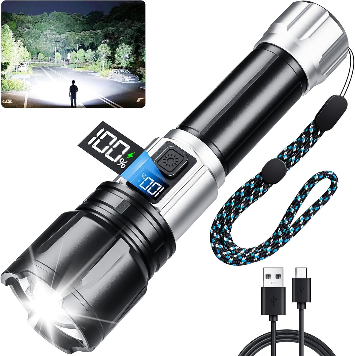 Flashlight Rechargeable 990000 High Lumens, Super Bright LED Flash Light with LCD Digital Display, Tactical Flashlights with IPX7 Waterproof, 6 Modes Brightest Flashlight for Camping, Emergency - PuriLite