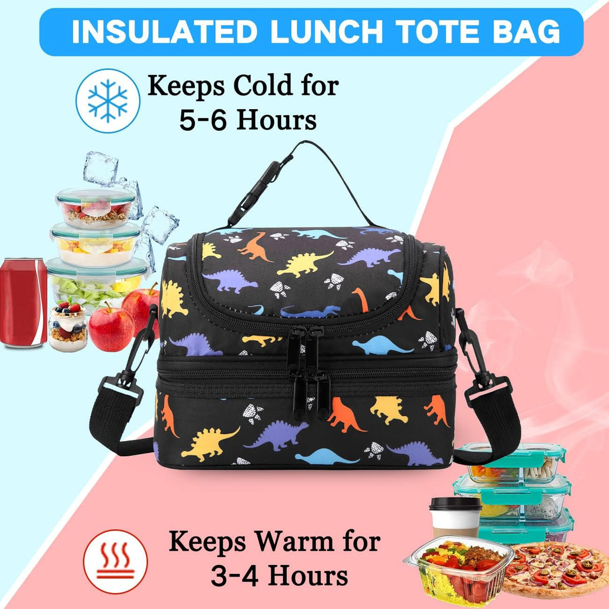 VASCHY Lunch Box Bag Men, Insulated Two Compartments Bento Cooler Bags for Adults/Women/Kids for School,Daycare,Kindergarten,Picnic Black - PuriLite