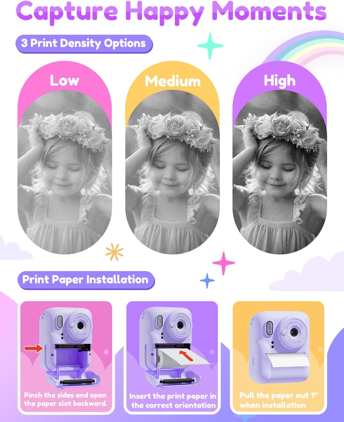 Pussan Kids Camera Instant Print, 1080P Instant Print Camera Toys for 3-12 Year Old Girls, Christmas Birthday Gifts for Age 3 4 5 6 7 Girls, Kids Digital Camera Toys with 3 Rolls Print Paper-Pink - PuriLite