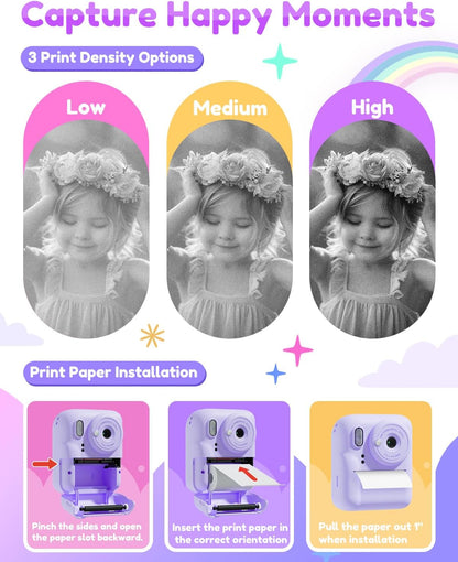 Pussan Kids Camera Instant Print, 1080P Instant Print Camera Toys for 3-12 Year Old Girls, Christmas Birthday Gifts for Age 3 4 5 6 7 Girls, Kids Digital Camera Toys with 3 Rolls Print Paper-Pink - PuriLite