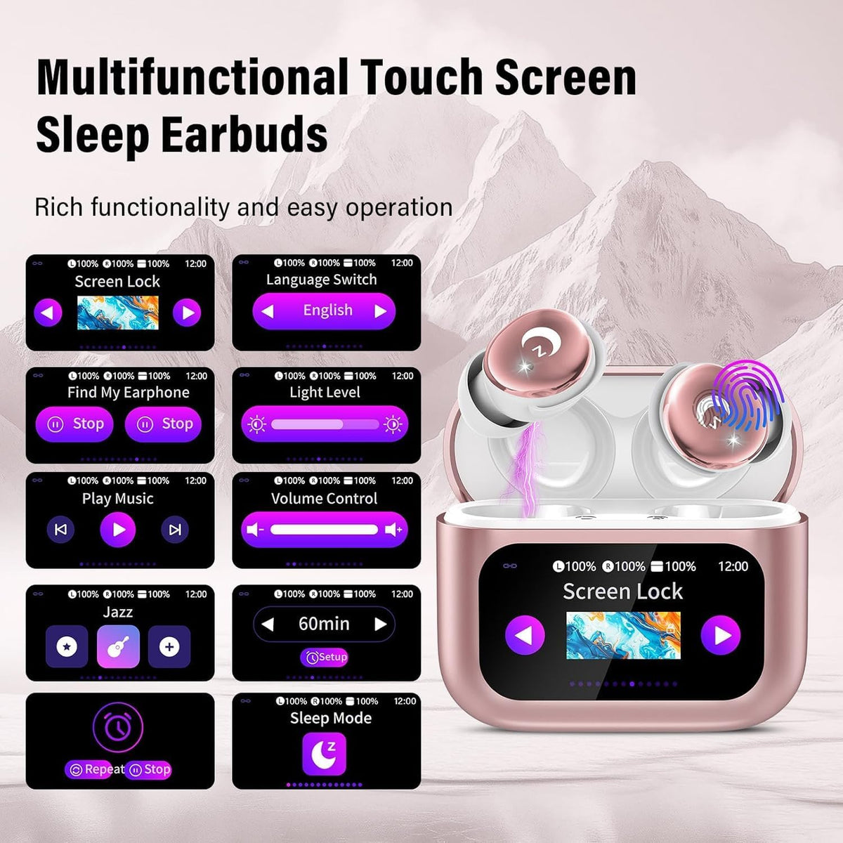 VEKJ Sleep Earbuds, Bluetooth 5.4 Mini Wireless Ear Euds with Multifunctional Touch Screen, 48H Bass Stereo Headphones with Sleep Mode/5 EQ Modes/ENC Noise Cancelling, IPX7 Earphones for iOS Android - PuriLite