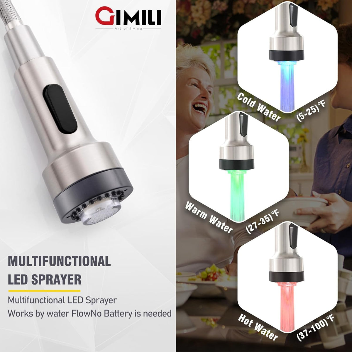 GIMILI Matte Black Kitchen Faucet with LED Light,Single Hole Spring Kitchen Sink Faucet with Pull Down Sprayer - PuriLite