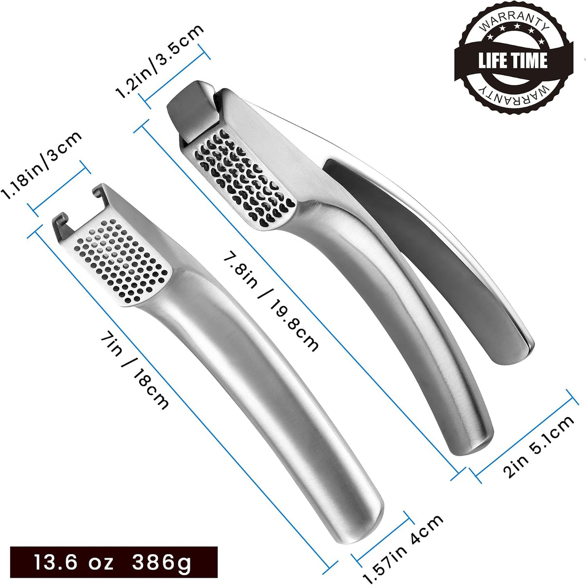 Gourmet Easy Lifetime Replace Garlic Press, No Need to Peel, Fine & Coarse Detachable Design for Easy Cleaning, Ergonomic Handle for Effortless Press, Stainless Steel Rust-Resistant, Dishwasher Safe