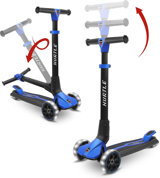 Hurtle 3-Wheel Kids Scooter for Toddlers, Foldable Kick Scooter with LED Light-Up Wheels, Anti-Slip Wide Deck, Adjustable Handlebar, Lean-to-Steer, Outdoor & Indoor Fun for Ages 3+ - PuriLite