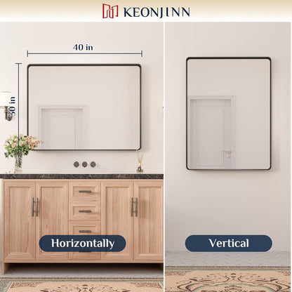 Keonjinn 42 x 36 Brushed Nickel Bathroom Vanity Mirror, Large Rounded Rectangle Bathroom Mirrors for over Sink, Metal Framed Silver Mirror for Wall, Shatterproof HD Tempered Glass(Horizontal/Vertical) - PuriLite