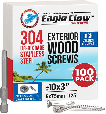 #10 x 3 Inch Stainless Steel Deck Screws 350 Pieces | T25 Star Torx Drive Flat Head | 304 Grade Stainless Steel Wood Screws High Corrosion Resistance by Allen's Trading Co. Eagle Claw Fasteners - PuriLite