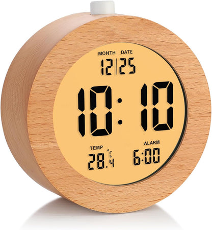Plumeet Wooden Digital Alarm Clock for Bedrooms, Wood 4'' Battery Powered Alarm Clock with Snooze and Nightlight, Electronic LCD Desk Clock Display Time, Date, Temp, 12/24H, Wood Décor (Sapele, 3.2'') - PuriLite