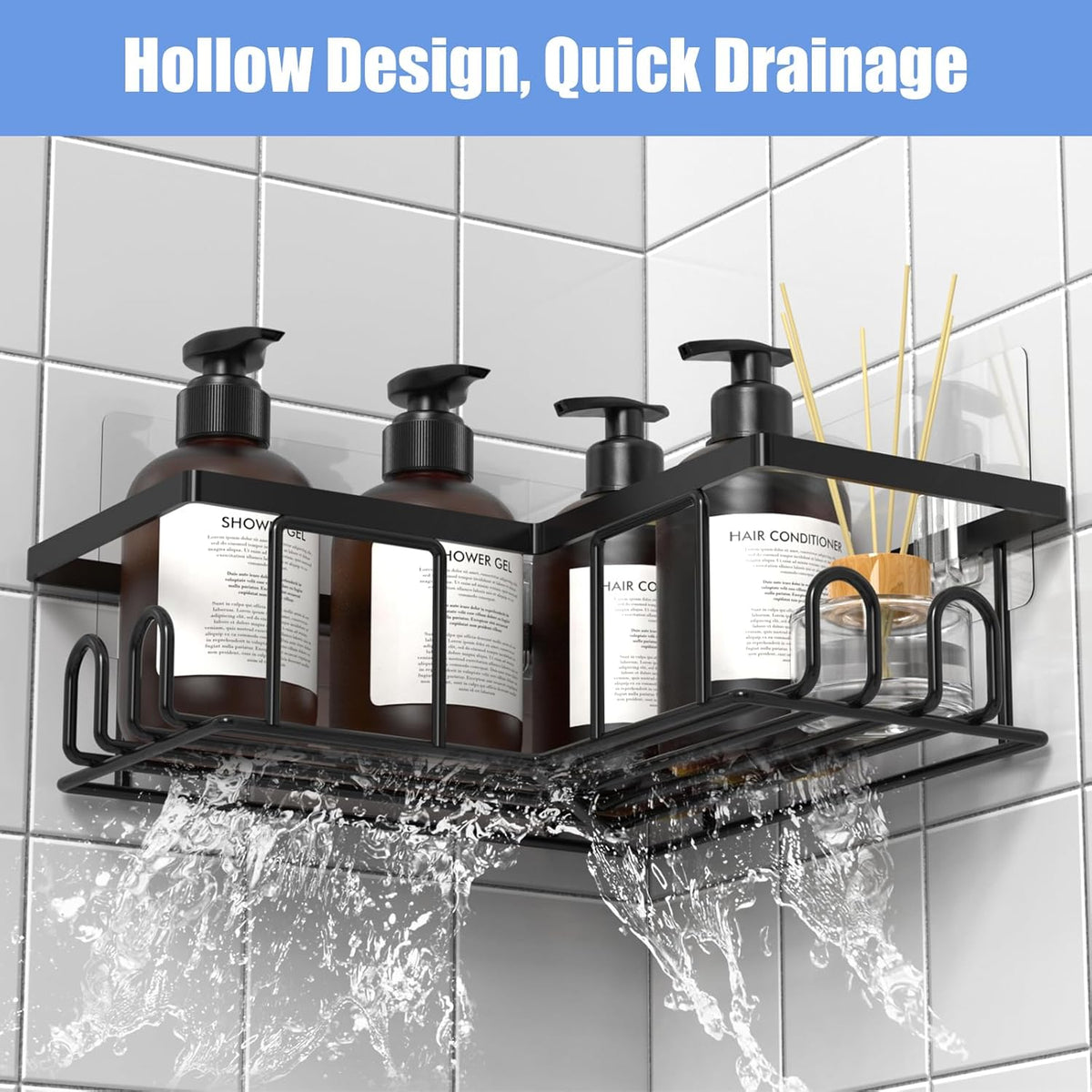LOOBOV Shower Caddy Corner, Rustproof Shower Shelves, Bathroom Caddy No Drilling, Bathroom Organizers/Storage with Hooks (2 Pack- Black) - PuriLite