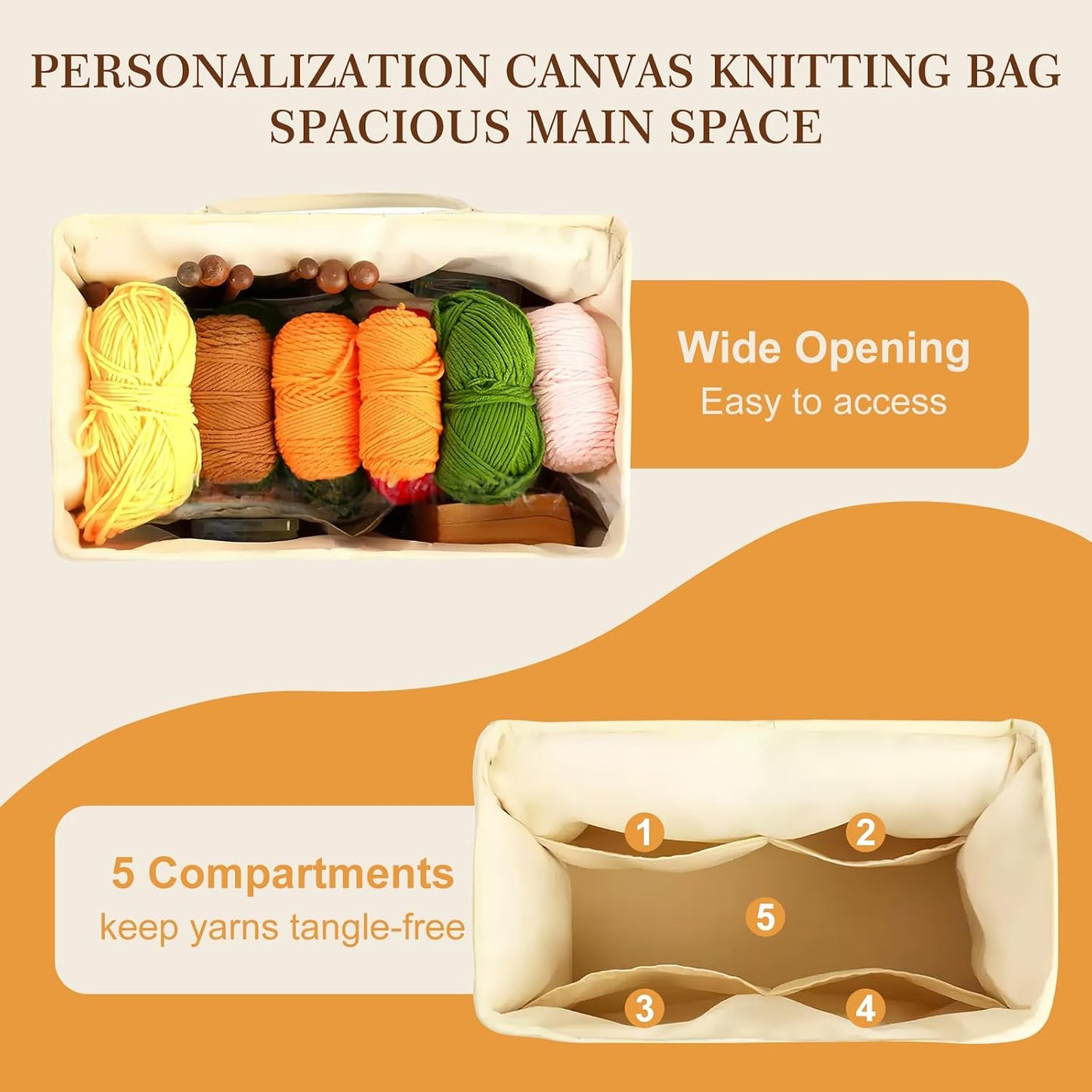 Personalized Name Crochet Bag, Stylish Yarn Bag for Crochet and Knitting Projects, Canvas Crochet Organizer with Multiple Pockets and Yarn Holes, Knitting Bag for Crochet Lovers, Mom, Grandma