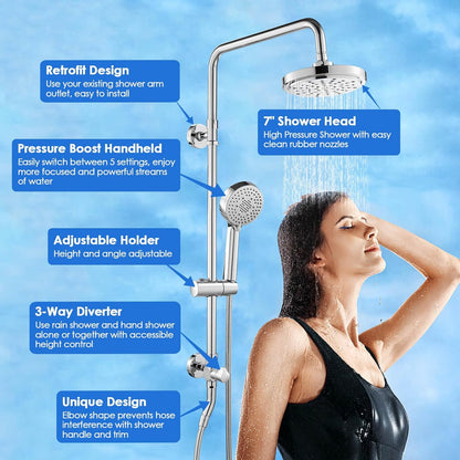 ROVOGO Retrofit Shower System with 7" RainShower, 5-Setting Handheld, 22" Slide Bar with 3-Way Rotary Diverter, Exposed Pipe Shower Column Kit 304 Stainless Steel, Chrome (NOT Include Mixer Valve) - PuriLite