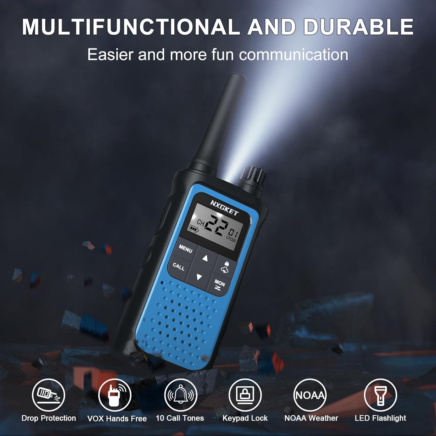 NXGKET Walkie Talkies Long Range for Adults Kids – Rechargeable Two Way Radio with 22 Ch, 1800mAh Battery, USB-C Charging, NOAA Weather, VOX, Flashlight – Great for Outdoor Camping & Hiking 4 Pack - PuriLite
