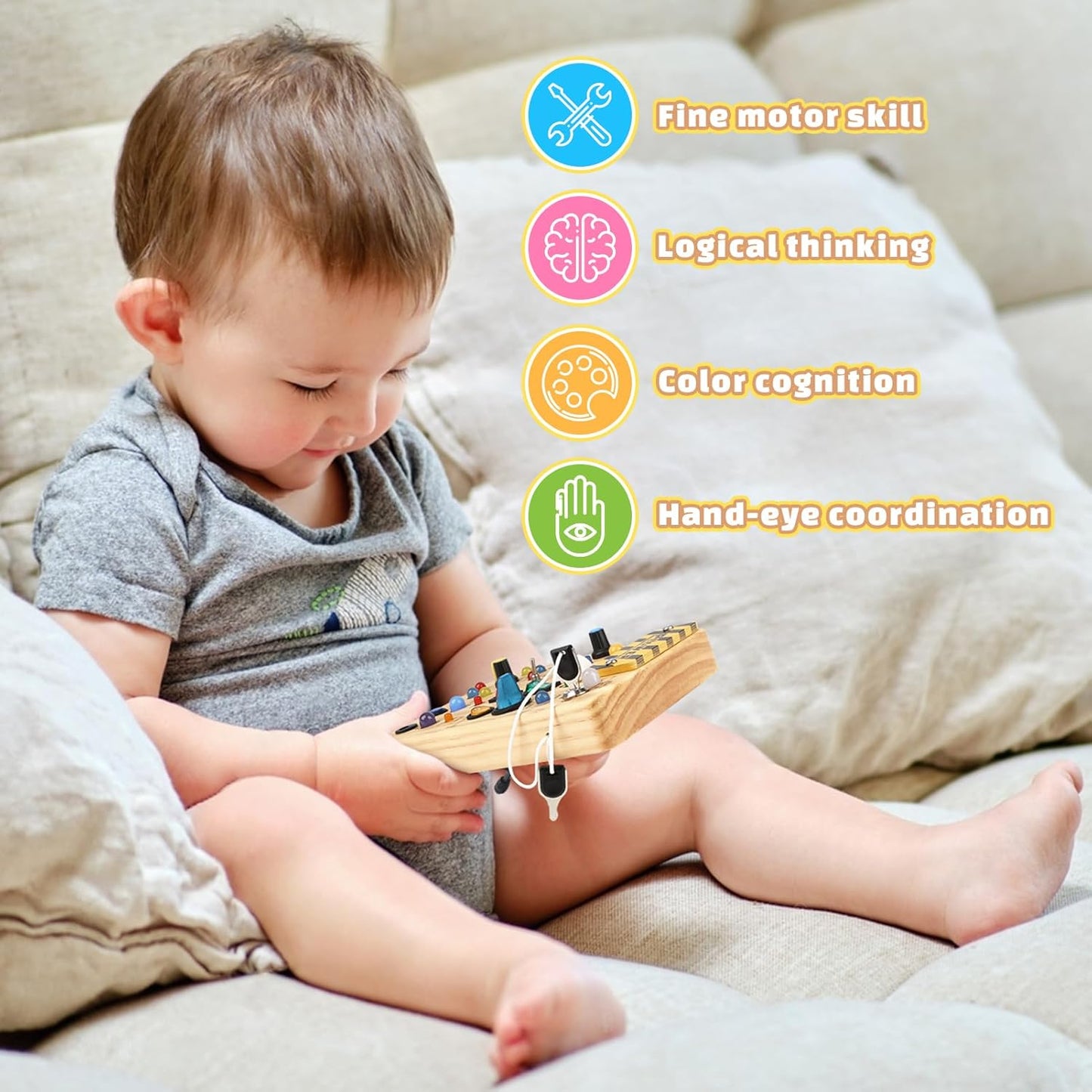 Joyreal Montessori Busy Board Wooden Sensory Toys for Toddler with LED Light Up Switch, Baby Fidget Board Travel Toys for 18+ Months, Boys Girls Birthday - PuriLite