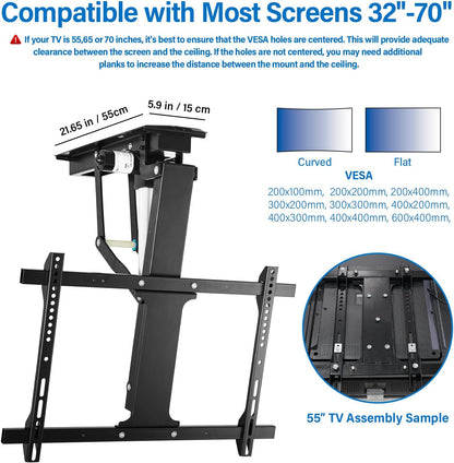 TOPSKY Electric Adjustable Ceiling TV Mount with Remote, Motorized Flip Down Pitched Roof TV Mount for 32 to 70 Inch Flat and Curved Screen TVs (Black) - PuriLite
