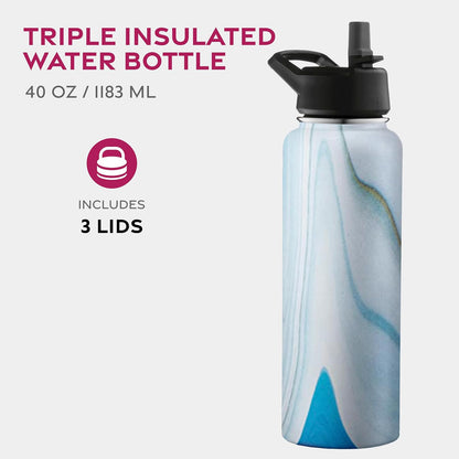 FineDine Water Bottle - Stainless Steel Insulated Water Bottle with Straw Lid, Flip Lid & Wide-Mouth Cap - Keeps Hot and Cold - 25 Oz / 739ml - Pure Pearly White - PuriLite