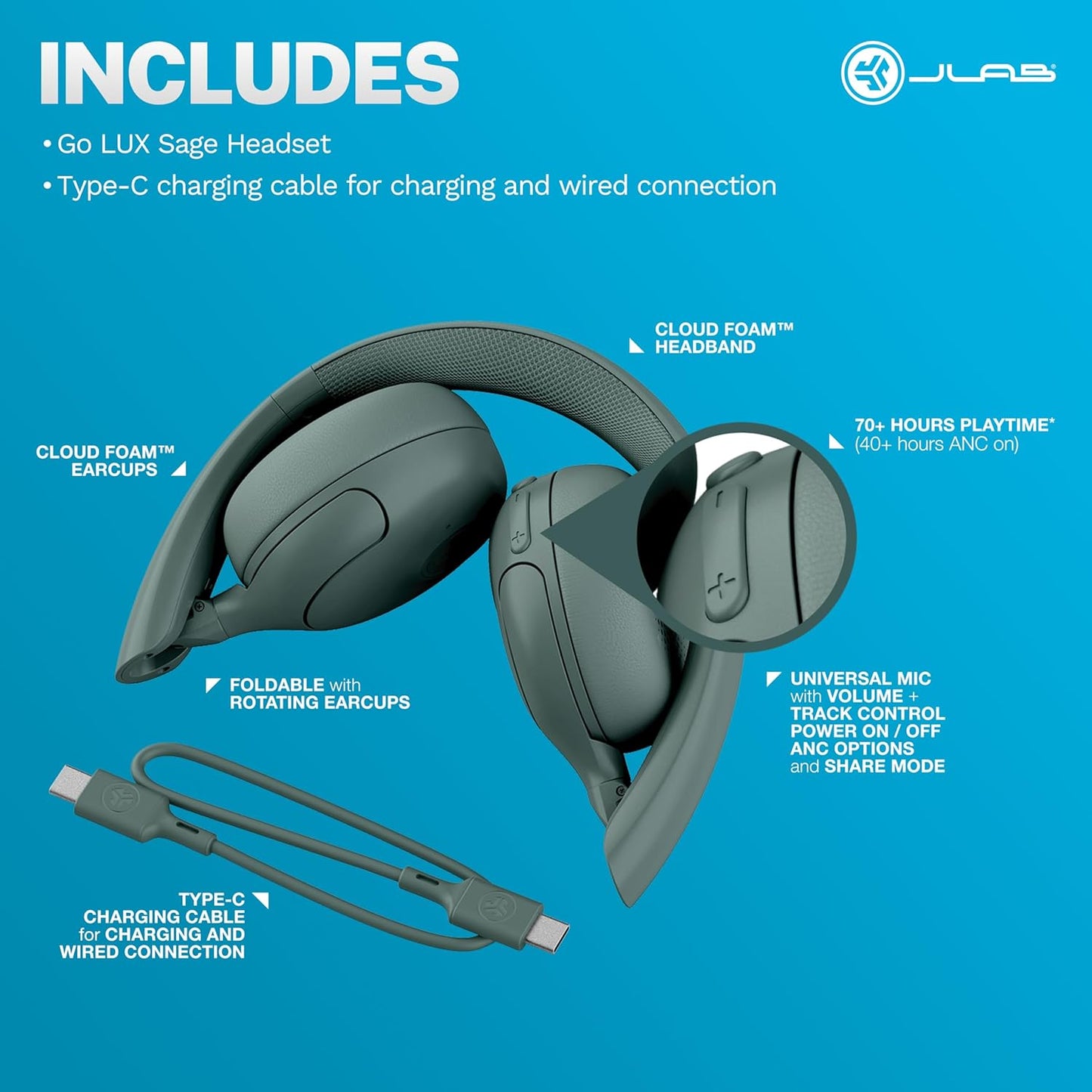 JLab Go Lux ANC Wireless Headphones, Cloud White, Hybrid Active Noise Cancelling, Premium On-Ear Bluetooth Headset, Customizable Sound, Be Aware Mode, Cloud Foam Comfort, Multipoint Connection - PuriLite