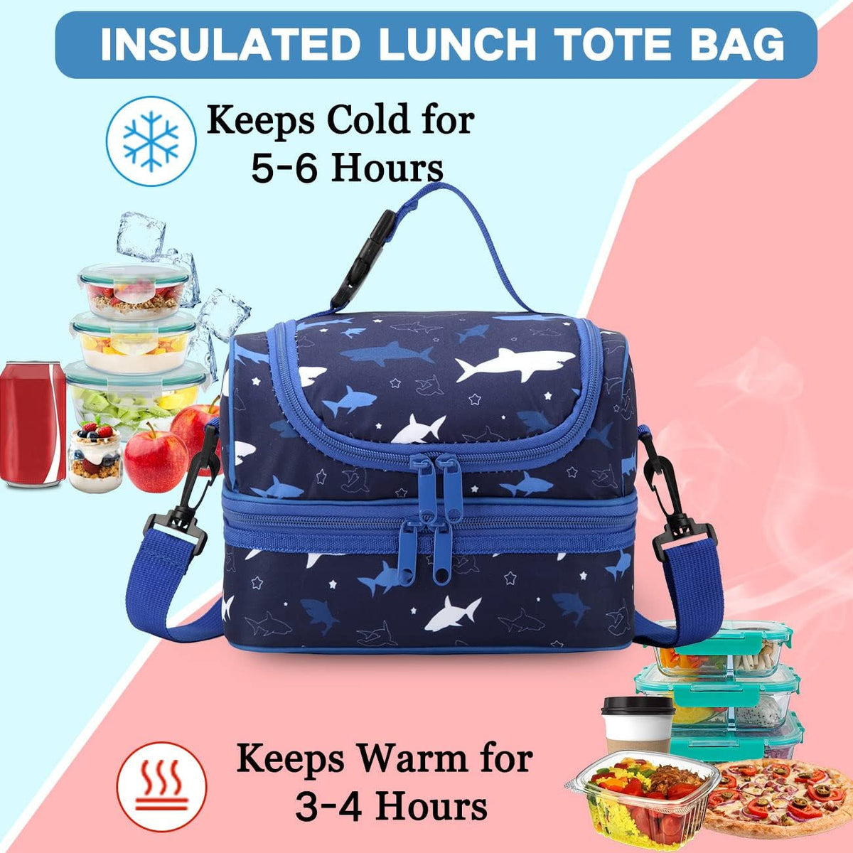 VASCHY Lunch Box Bag Men, Insulated Two Compartments Bento Cooler Bags for Adults/Women/Kids for School,Daycare,Kindergarten,Picnic Black - PuriLite