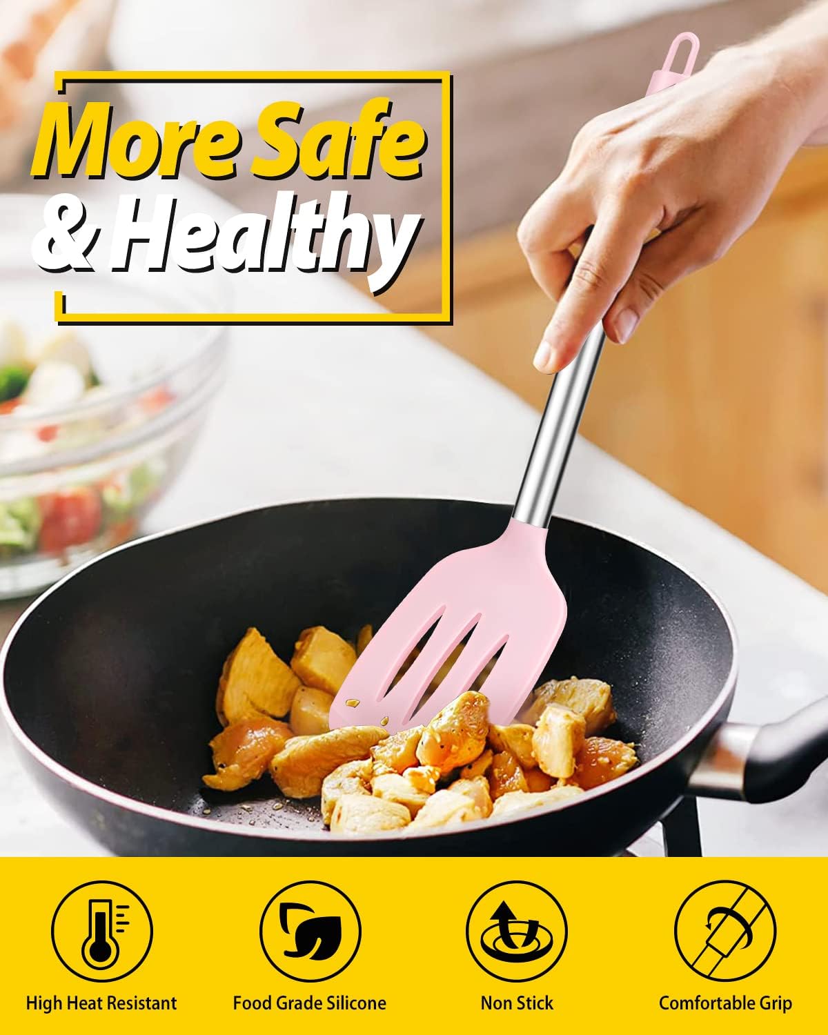 Pack of 2 Silicone Slotted Spatula,Non Stick Solid Kitchen Turner, High Heat Resistant BPA Free Cooking Utensils for Fish, Eggs, Pancakes（Black - PuriLite