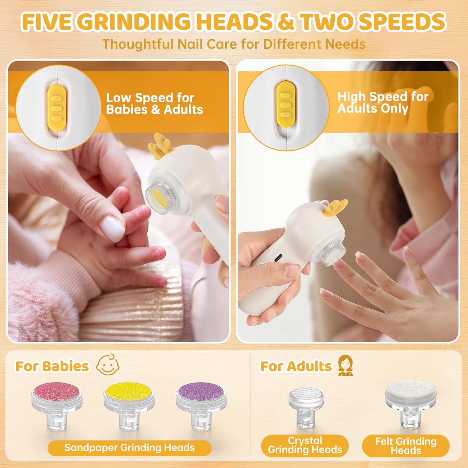 Baby Electric Nail File with Clipper, 5-in-1 Baby Nail Trimmer with LED Light, Rechargeable Nail Clippers for Infant Toddler Kid Adult, Low Noise, Includes 5 File Pads, Yellow Deer - PuriLite