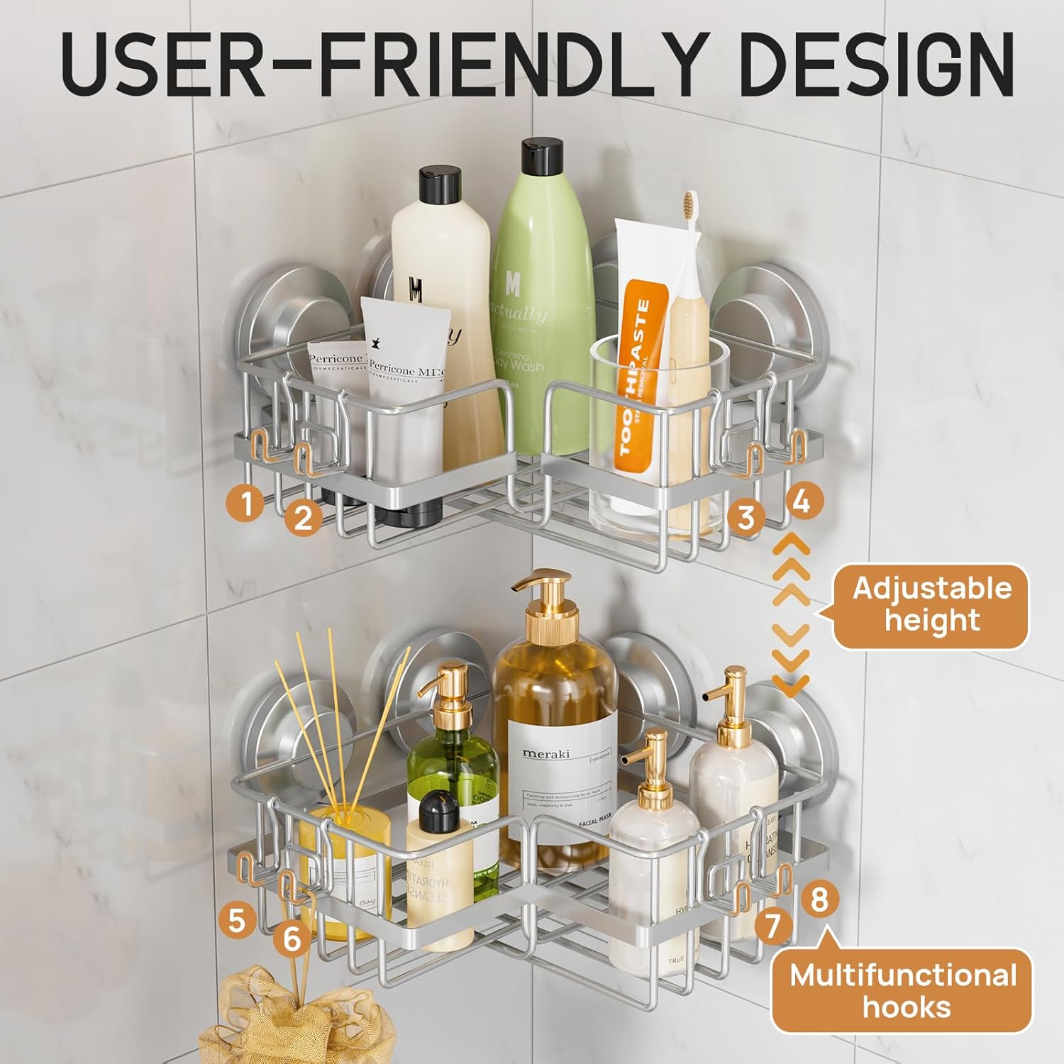 LEVERLOC Shower Caddy Suction Cup, 2 Pack Black Shower Shelf with Hooks and Soap Holder, NO-Drilling Bathroom Organizer, Rustproof Metal Bathroom Storage and Organization - PuriLite