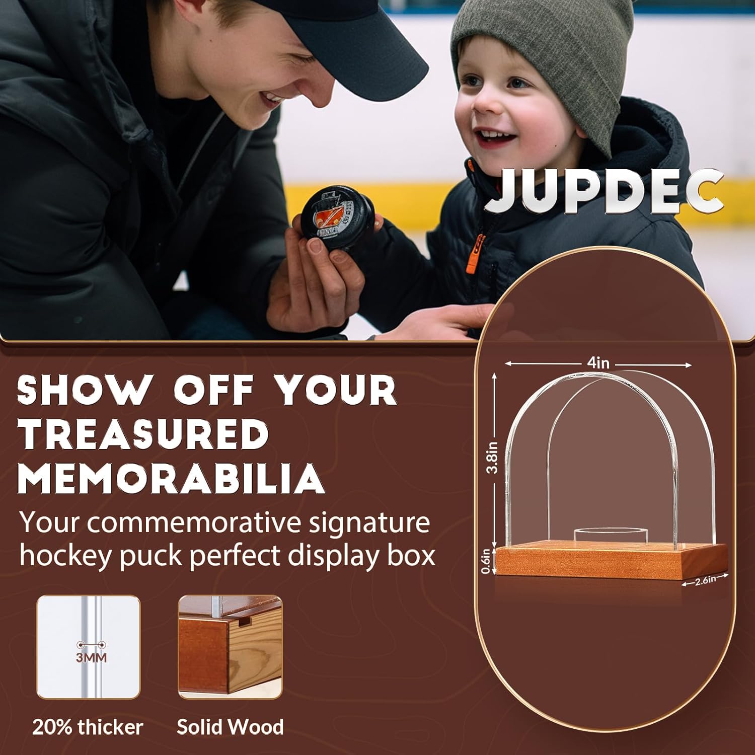 JupDec Baseball Display Case, Clear Cube Baseball Holder with Wooden Base, Autograph Baseball Stand Box for Single Ball, Acacia Wood, Brown, 1 Pack - PuriLite