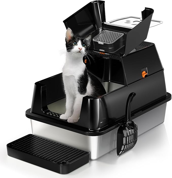 Eosarcu Stainless Steel Cat Litter Box with Lid, 180° Flip-Top XL Extra Large Enclosed Litter Box, Covered Metal High Sided Litter Pan with Steps & Scoop, Easy Cleaning, Odor Control,Non-Sticky-Black - PuriLite