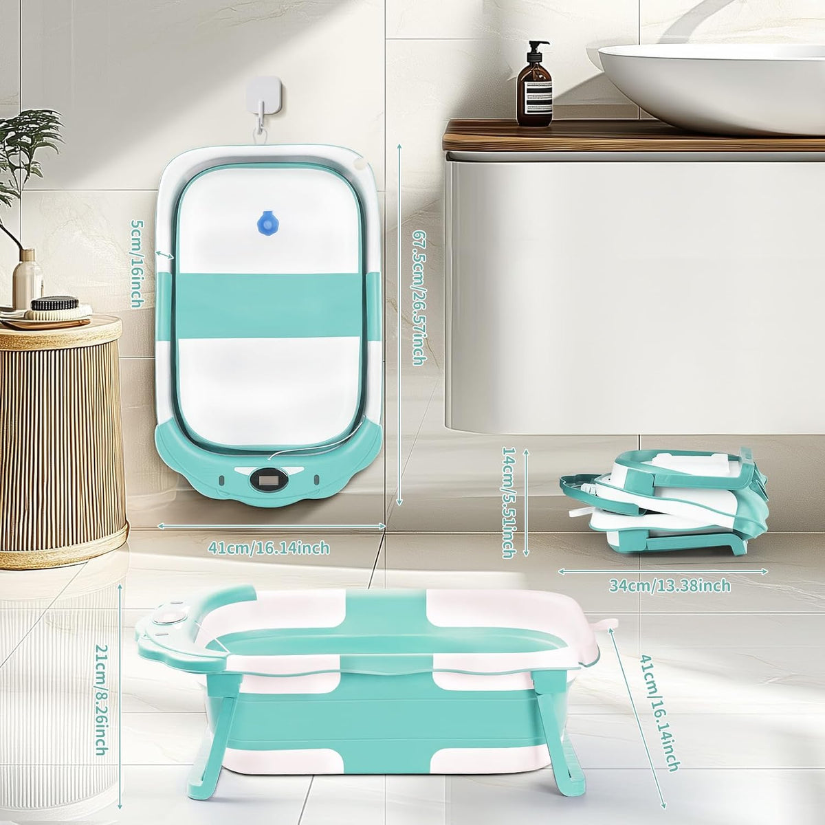 Baby Bathtub with Thermometer & Cushion, Portable Tub for 0-36 Months