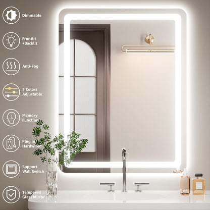 Lmsedf 24" x 32"Rectangle LED Bathroom Mirror with Lights, Backlit & Front Lighted, Wall-Mounted Vanity Mirror 3000K/4000K/6000K, Memory Functions, Anti-Fog, Dimmable Smart Mirror - PuriLite