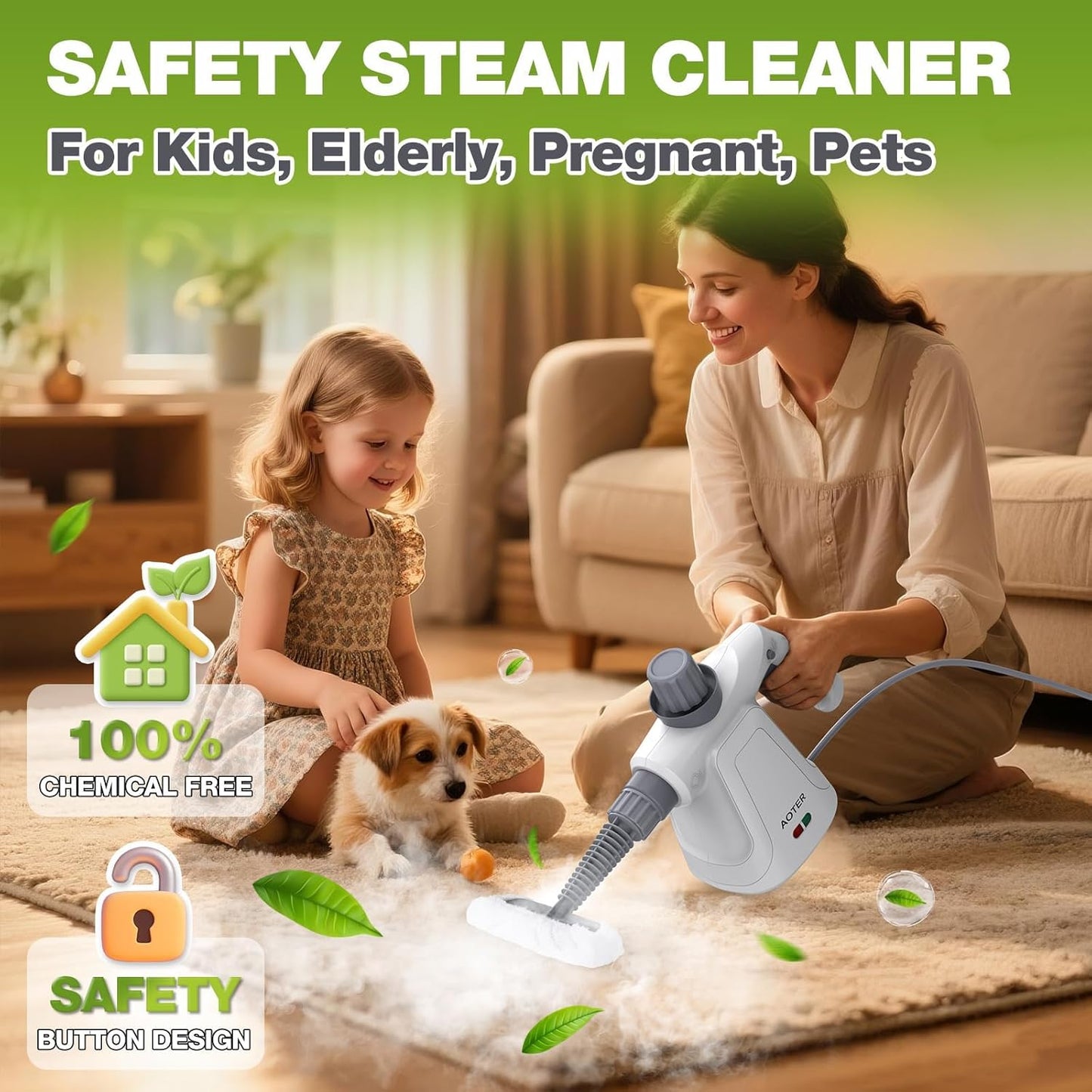 AOTER Pressurized Handheld Steam Cleaner, Portable Steam Cleaner Multipurpose for Home, Multi-Surface Steam Cleaner for Tile, Grout, Windows, Bathroom, Kitchen, Car Cleaning, with 12pcs Accessories - PuriLite