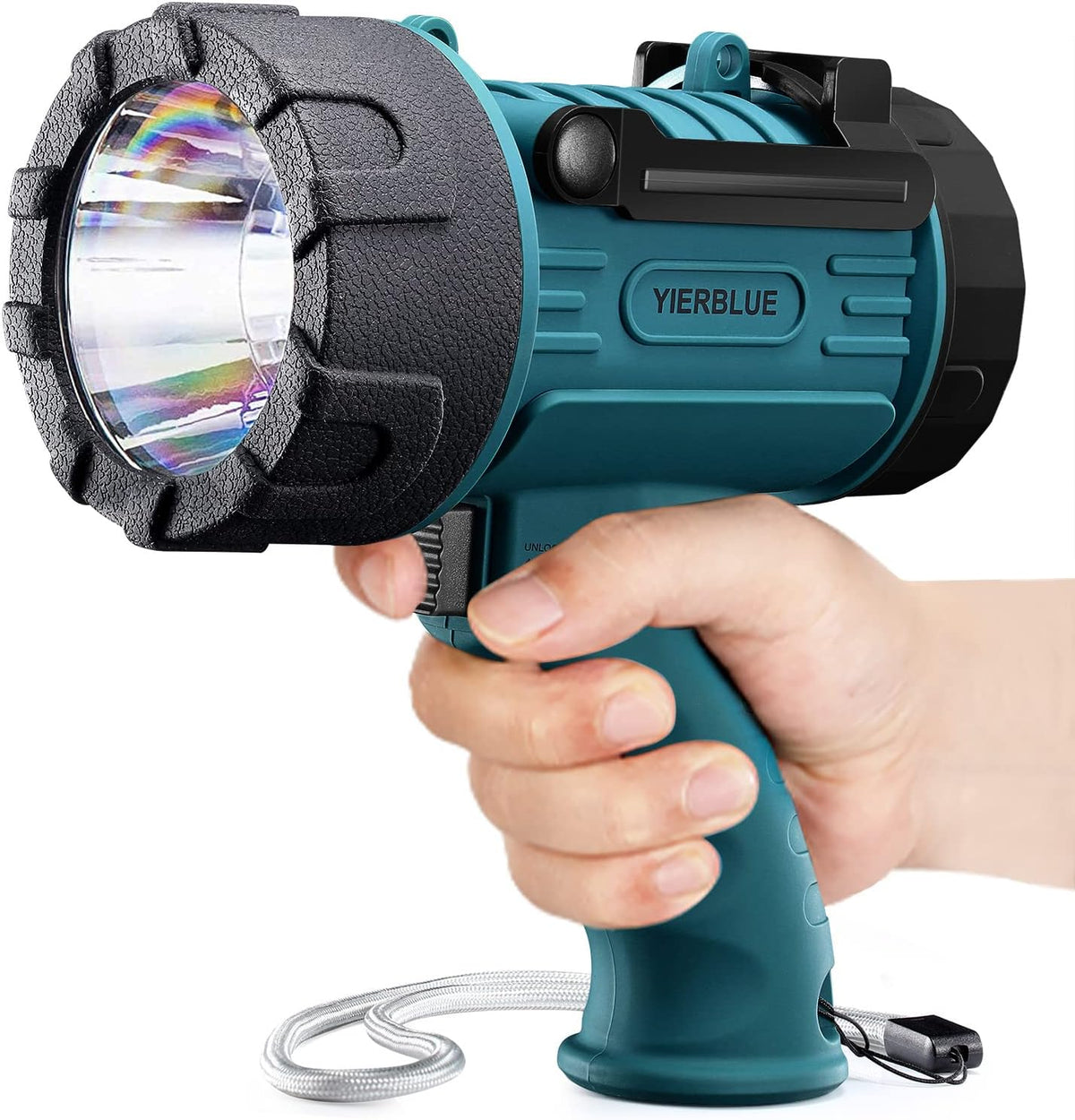 YIERBLUE Rechargeable Spotlight Flashlight with Super High Lumen LED, IP67 Waterproof Long Running Spot Light searchlight, Impact Resistant Handheld Spotlight with Foldable Stand Red Lens - PuriLite