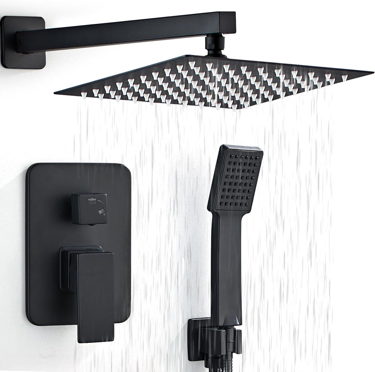 LCEVCGK Shower Faucet Set Complete Matte Black Shower System with 8 inch Square Rainfall Shower Head 3-Function Handheld Shower Waterfall Bathtub Spout Rain Shower Combo Set Bathroom Wall Mounted - PuriLite