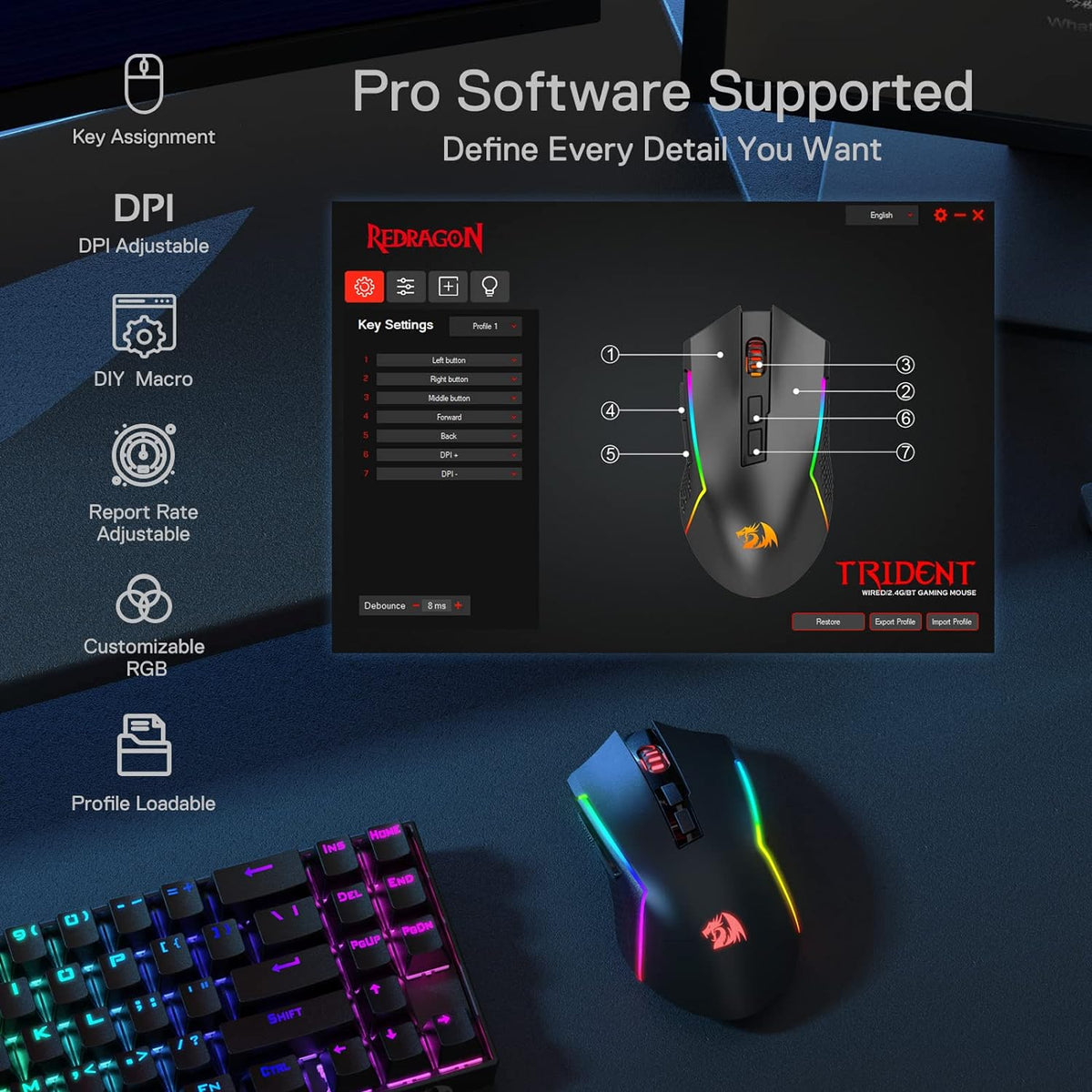 Redragon M693 Wireless Gaming Mouse, 8000 DPI Wired/Wireless Mouse w/ 3-Mode Connection, BT & 2.4G Wireless, 7 Macro Buttons, Durable Power Capacity for PC/Mac/Laptop - PuriLite