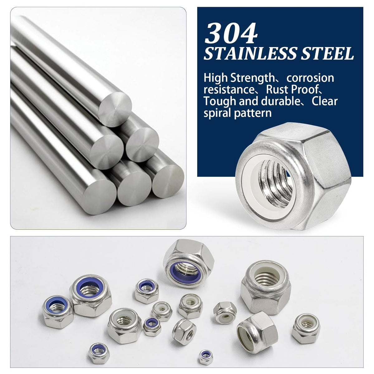 Vifmy 110 Pack 1/4"-20 Inch Lock Nuts,304 (A2-70) Stainless Steel Nylon Insert Locknuts,Standard Inch Thread Nylock Nuts for Bolts - PuriLite