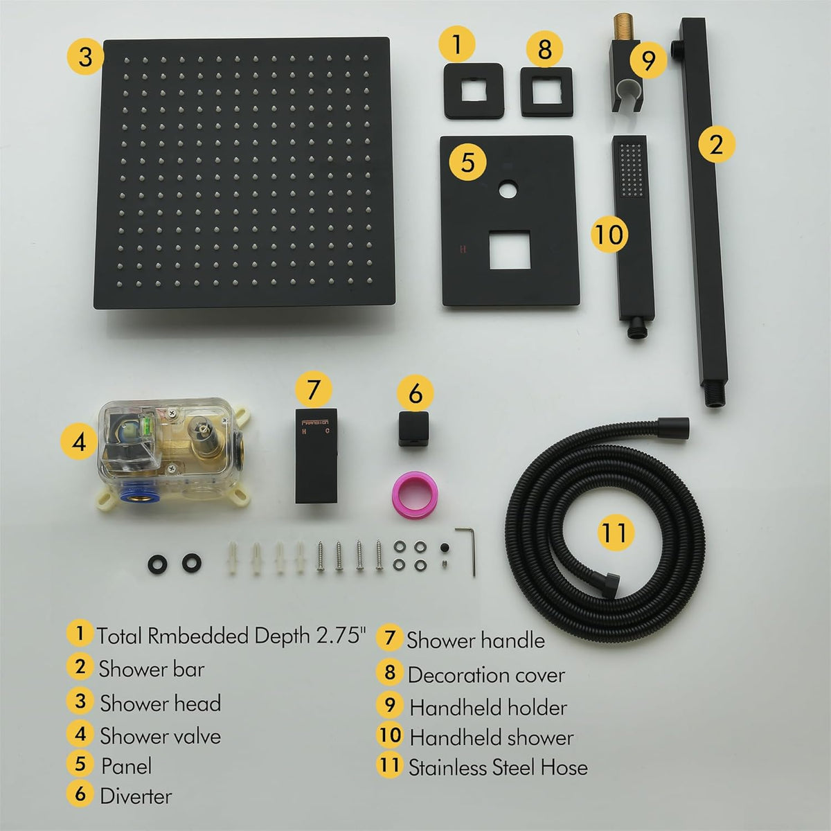 Fransiton Shower System Rain Shower System Set Ceiling Mounted, Rainfall Shower Head with Handheld, Bathroom Shower Kit (Valve Included) (8" - Wall Mount, Matte Black) - PuriLite