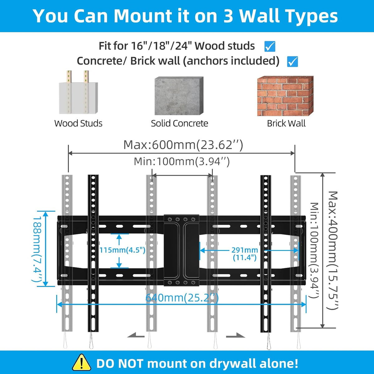 HOME VISION TV Wall Mount Tilt for Most 32-84 inch Flat Curved TV, Low Profile Tilting Wall Mount TV Bracket Fits 16”-18”-24” Wood Stud, Max VESA 600X400mm, Up to 165lbs, Quick Release - PuriLite