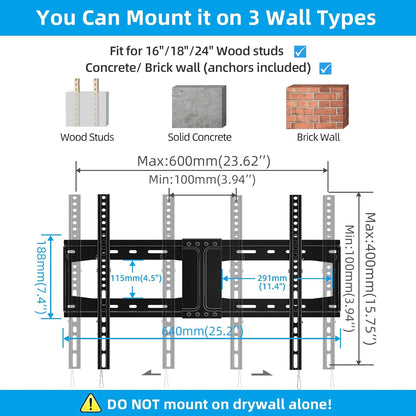 HOME VISION TV Wall Mount Tilt for Most 32-84 inch Flat Curved TV, Low Profile Tilting Wall Mount TV Bracket Fits 16”-18”-24” Wood Stud, Max VESA 600X400mm, Up to 165lbs, Quick Release - PuriLite