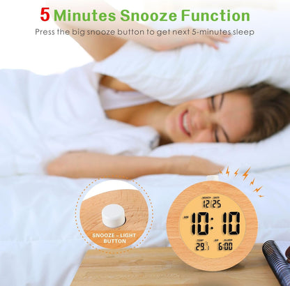 Plumeet Wooden Digital Alarm Clock for Bedrooms, Wood 4'' Battery Powered Alarm Clock with Snooze and Nightlight, Electronic LCD Desk Clock Display Time, Date, Temp, 12/24H, Wood Décor (Sapele, 3.2'') - PuriLite