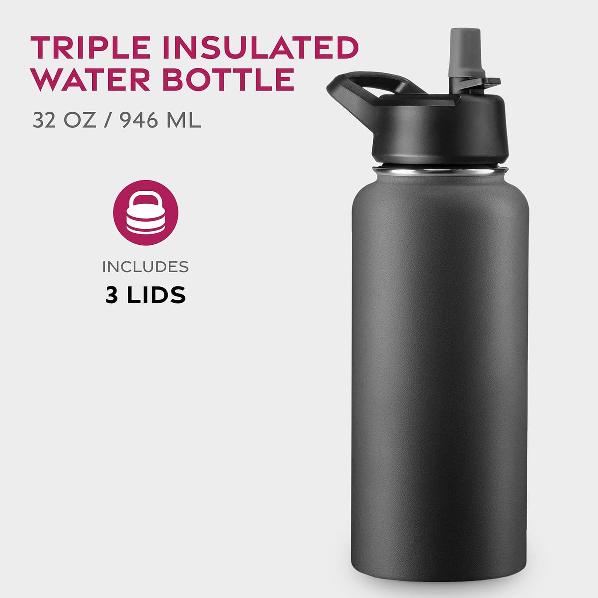 FineDine Water Bottle - Stainless Steel Insulated Water Bottle with Straw Lid, Flip Lid & Wide-Mouth Cap - Keeps Hot and Cold - 25 Oz / 739ml - Pure Pearly White - PuriLite