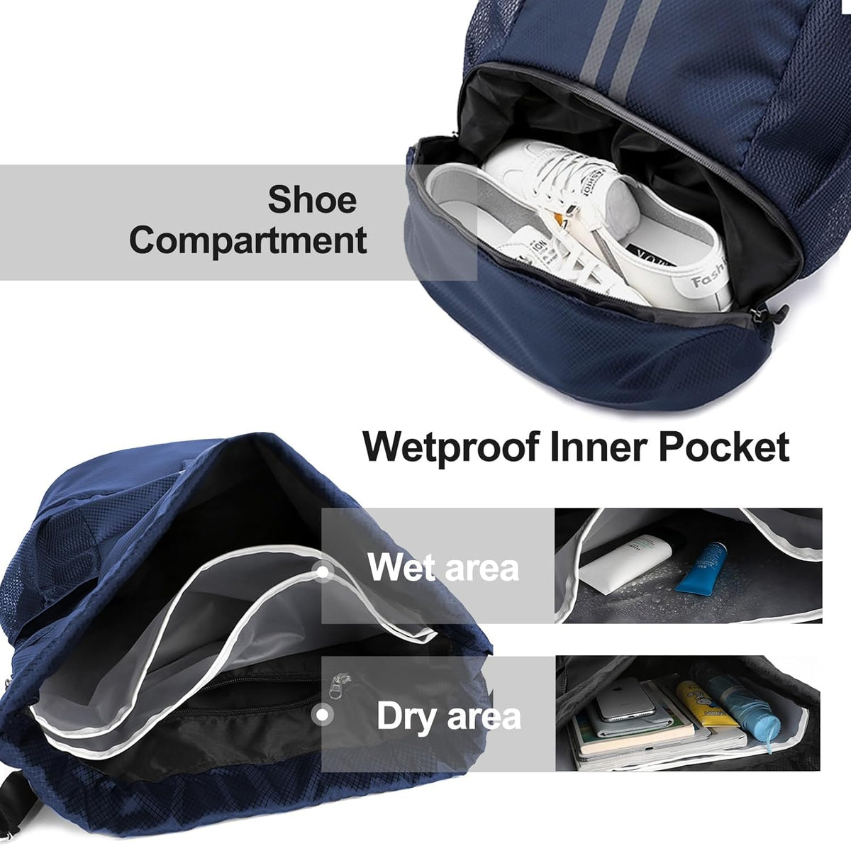 Hoedia Sports Drawstring Backpack - String Swim Gym Bag with Shoes Compartment and Wet Proof Pocket for Women/Men - PuriLite