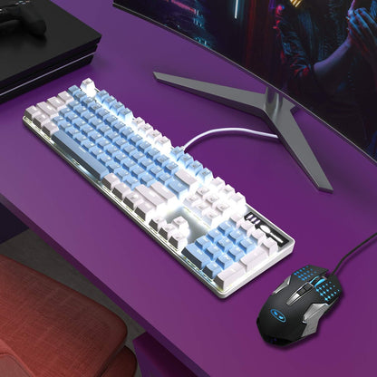 Mechanical Gaming Keyboard, 104 Keys White Backlit Mechanical Keyboards with Red Switches & Double-Shot Keycaps, MageGee Wired Ergonomic Computer Keyboard for Desktop, PC Gamers (White & Blue) - PuriLite