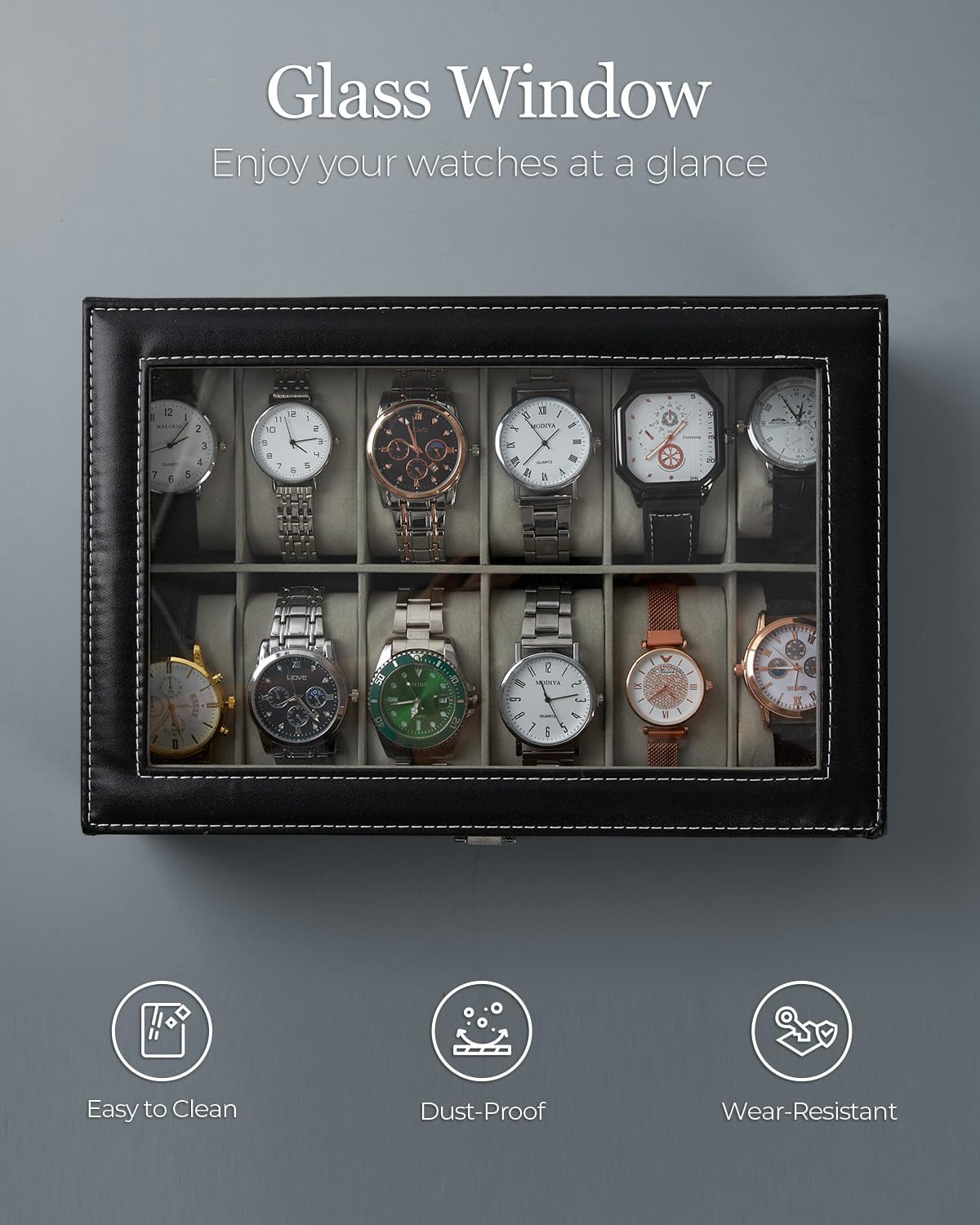 Ohuhu Watch Box Organizer for Men -12 Slot Leather Watch Case with Real Glass Lid Watch Display Case, Watch Organizer Jewelry Storage Box - PuriLite